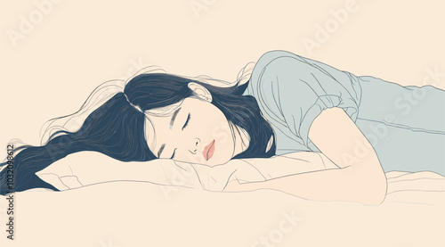 vector drawing girl sleeping hand under pillow .Generative AI