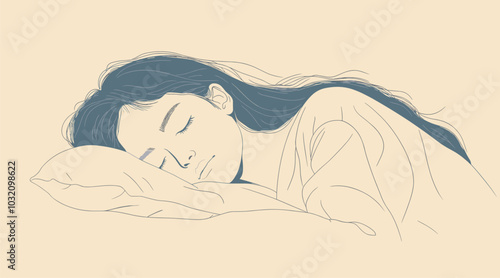 vector drawing girl sleeping hand under pillow .Generative AI