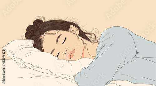 vector drawing girl sleeping hand under pillow .Generative AI