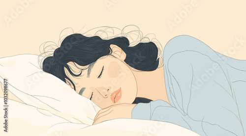 vector drawing girl sleeping hand under pillow .Generative AI