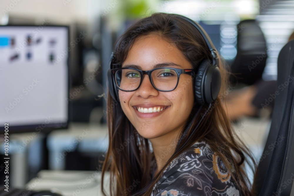 Portrait of a smiling young hispanic female IT support worker in startup company office Portrait of a smiling young hispanic female IT support worker in startup company office