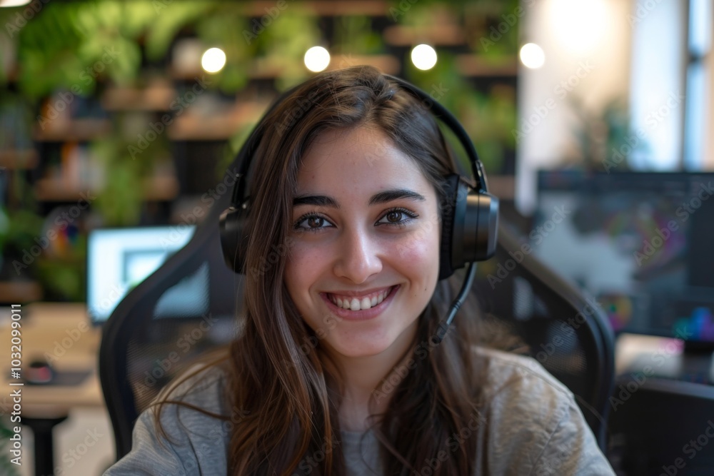 Portrait of a smiling young hispanic female IT support worker in startup company office Portrait of a smiling young hispanic female IT support worker in startup company office