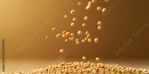 Soaring mustard seeds captured in motion, showcasing their natural texture and warm tones against a radiant backdrop.
