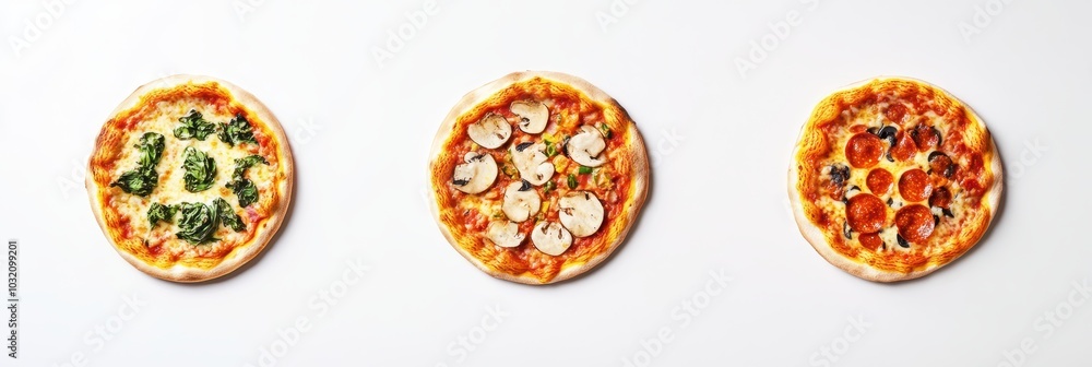 Three delicious pizzas showcasing various toppings on a clean background, perfect for food presentation and culinary inspiration. Three delicious pizzas showcasing various toppings on a clean background, perfect for food presentation and culinary inspiration.