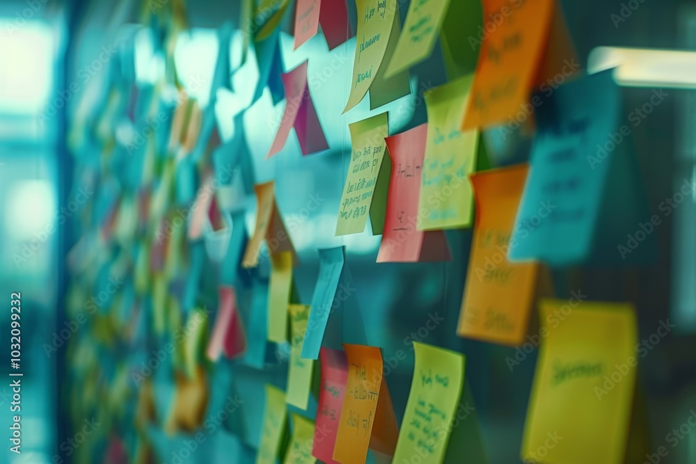 Fototapeta premium Post it notes on the wall with IT meeting in background