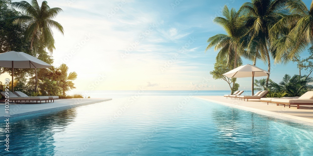 Tranquil tropical pool scene with palm trees and a serene ocean view, perfect for relaxation and vacation inspirations. Tranquil tropical pool scene with palm trees and a serene ocean view, perfect for relaxation and vacation inspirations.