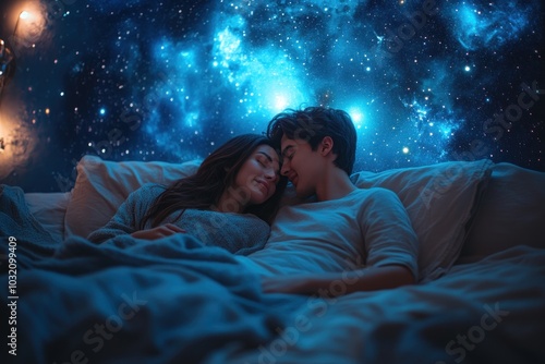 A young couple sleeps peacefully in bed, with a starry night sky above them.