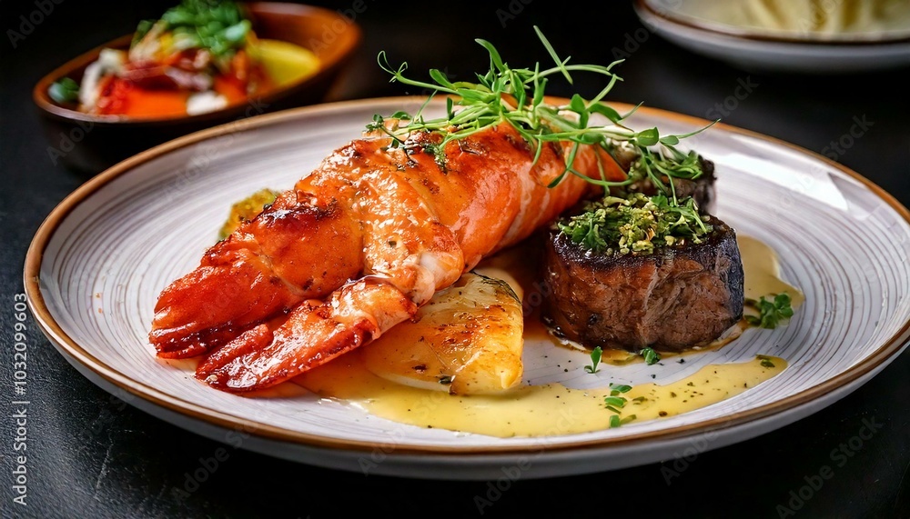 A luxurious Surf and Turf dish featuring a perfectly grilled lobster tail and a medium-rare filet mignon, plated with a rich garlic herb butter sauce, garnished with microgreens A luxurious Surf and Turf dish featuring a perfectly grilled lobster tail and a medium-rare filet mignon, plated with a rich garlic herb butter sauce, garnished with microgreens