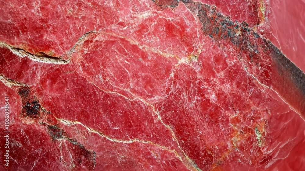 A close-up of a red rhodochrosite, showing its intricate veining and unique pattern