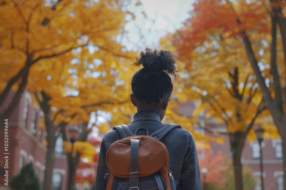 Back view of a black female student with backpack standing on college campus at fall Back view of a black female student with backpack standing on college campus at fall