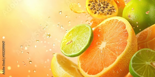 Vibrant citrus fruits splashing in bright sunlight, showcasing freshness and color, perfect for health and nutrition themes.