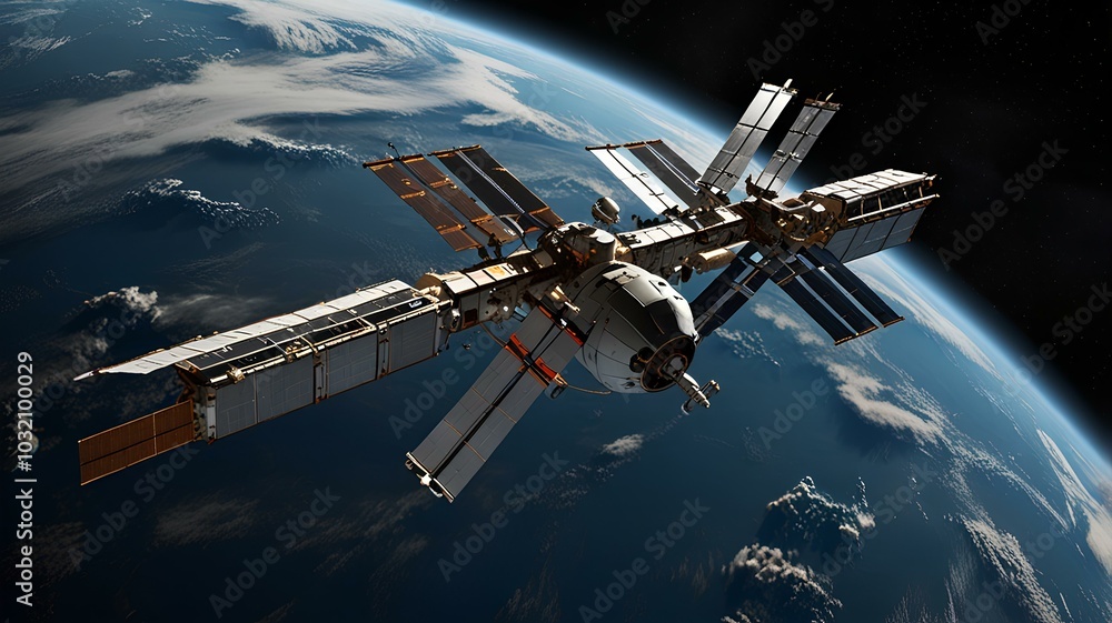 An artists rendering depicting a space station in orbit around Earth, showcasing its sleek design and advanced technology, satellite in space with Earth in the background. An artists rendering depicting a space station in orbit around Earth, showcasing its sleek design and advanced technology, satellite in space with Earth in the background.