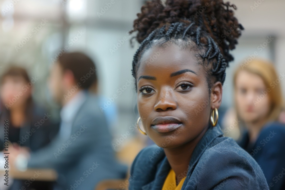 Young black businesswoman in focus during a office meeting with other employees Young black businesswoman in focus during a office meeting with other employees
