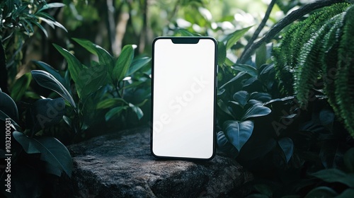 Glowing smartphone accentuated by dark jungle foliage. photo