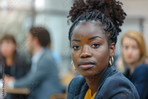 Young black businesswoman in focus during a office meeting with other employees