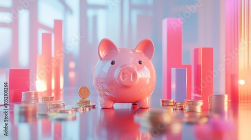 Piggy Bank Surrounded by Coins and Bar Graphs