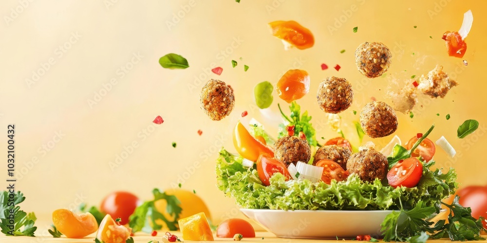 Vibrant salad with fresh vegetables and crispy meatballs in an artistic splash arrangement against a warm background. Vibrant salad with fresh vegetables and crispy meatballs in an artistic splash arrangement against a warm background.