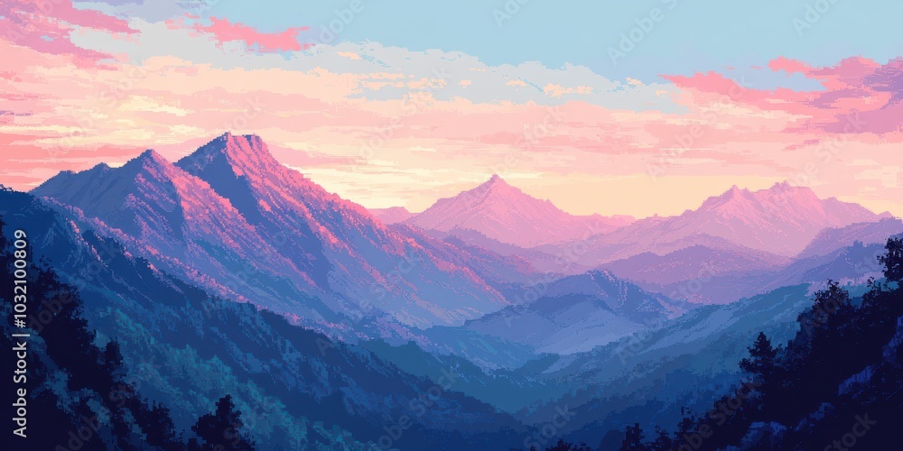 Fototapeta premium A breathtaking sunset over majestic mountains, showcasing vibrant colors and serene nature, perfect for landscape lovers.