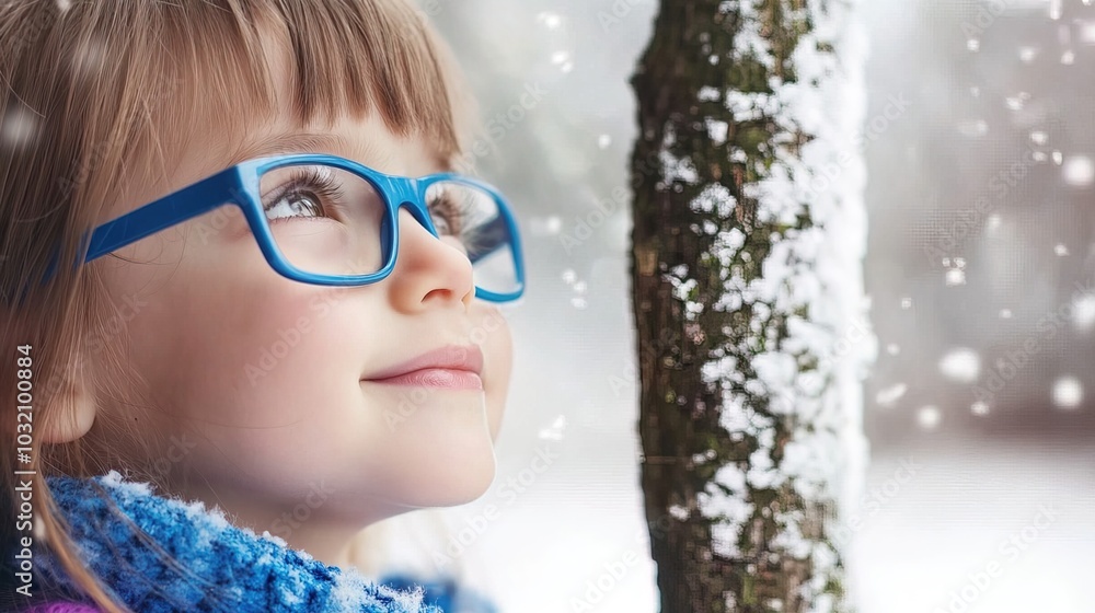 Young child wearing blue glasses focusing on distant tree outside window, symbolizing myopia prevention and importance of outdoor activities. Young child wearing blue glasses focusing on distant tree outside window, symbolizing myopia prevention and importance of outdoor activities.