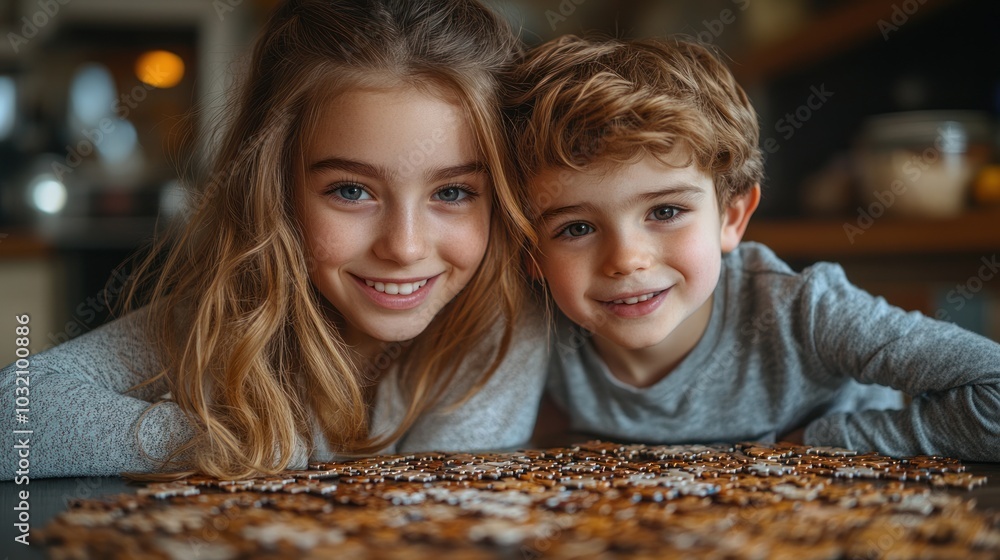 A brother and sister smiling at the camera while working on a puzzle together. A brother and sister smiling at the camera while working on a puzzle together.