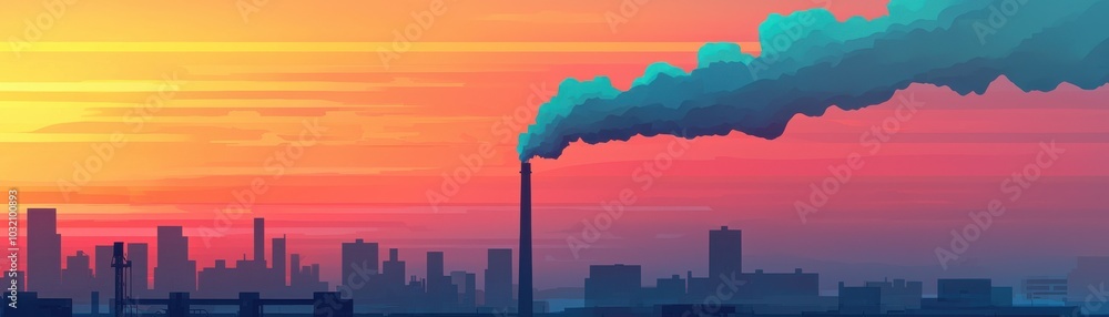 Industrial skyline with smoke rising against a colorful sunset. Industrial skyline with smoke rising against a colorful sunset.