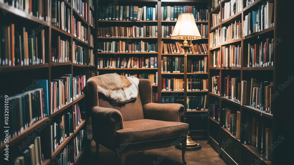 Cozy reading nook with a soft armchair, minimalist bookshelf, and warm lighting from a floor lamp Cozy reading nook with a soft armchair, minimalist bookshelf, and warm lighting from a floor lamp