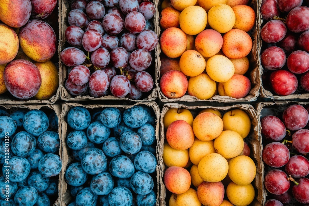 Close-up of Fresh Plums, Apricots, and Grapes in Cardboard Boxes Close-up of Fresh Plums, Apricots, and Grapes in Cardboard Boxes