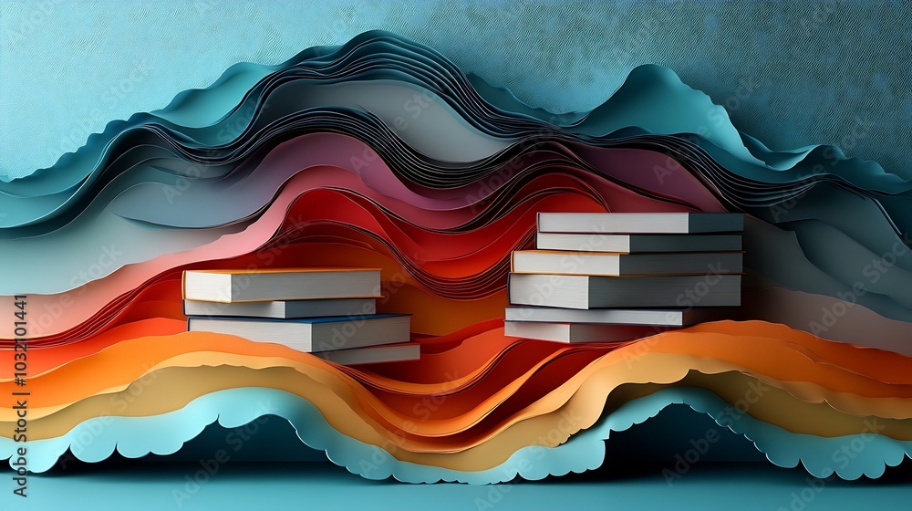 Stunning 3D World Book Day design with paper cut elements featuring gradientlayered books and abstract cutout waves on a minimalistic background bringing a modern and colorful look to storytelling Stunning 3D World Book Day design with paper cut elements featuring gradientlayered books and abstract cutout waves on a minimalistic background bringing a modern and colorful look to storytelling