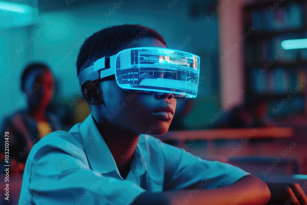 A young boy wearing a virtual reality headset, exploring digital worlds A young boy wearing a virtual reality headset, exploring digital worlds