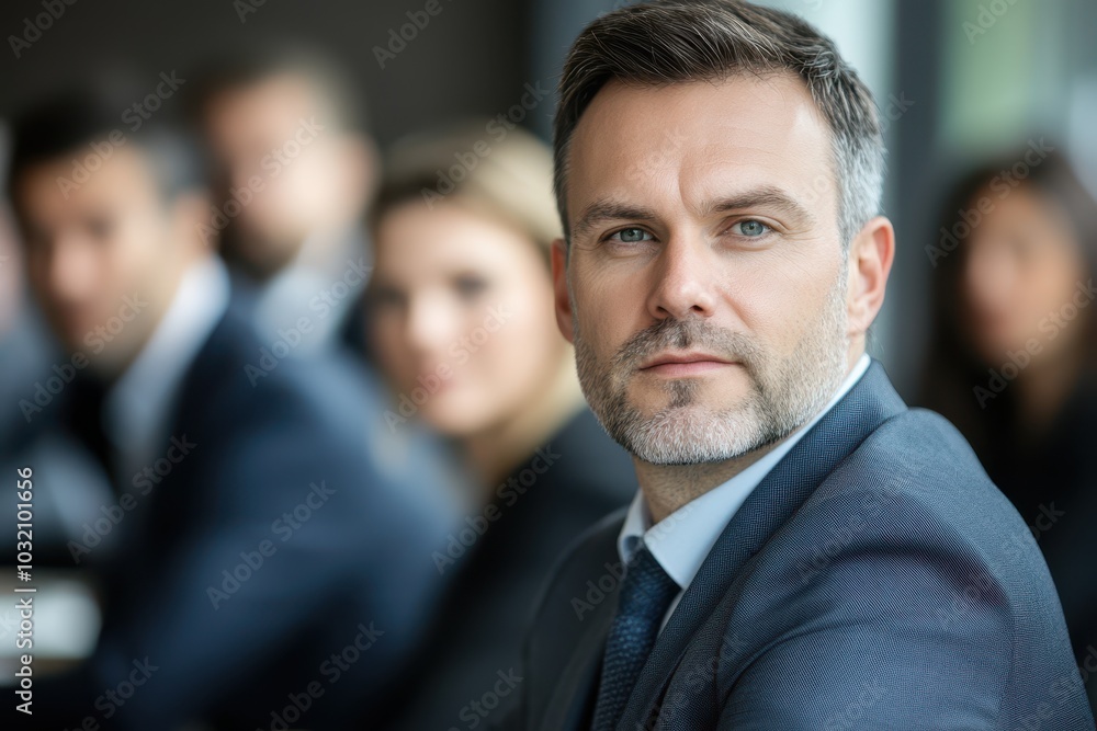 A confident businessman in a suit focuses on a meeting, surrounded by colleagues engaged in discussion. Professional atmosphere. A confident businessman in a suit focuses on a meeting, surrounded by colleagues engaged in discussion. Professional atmosphere.