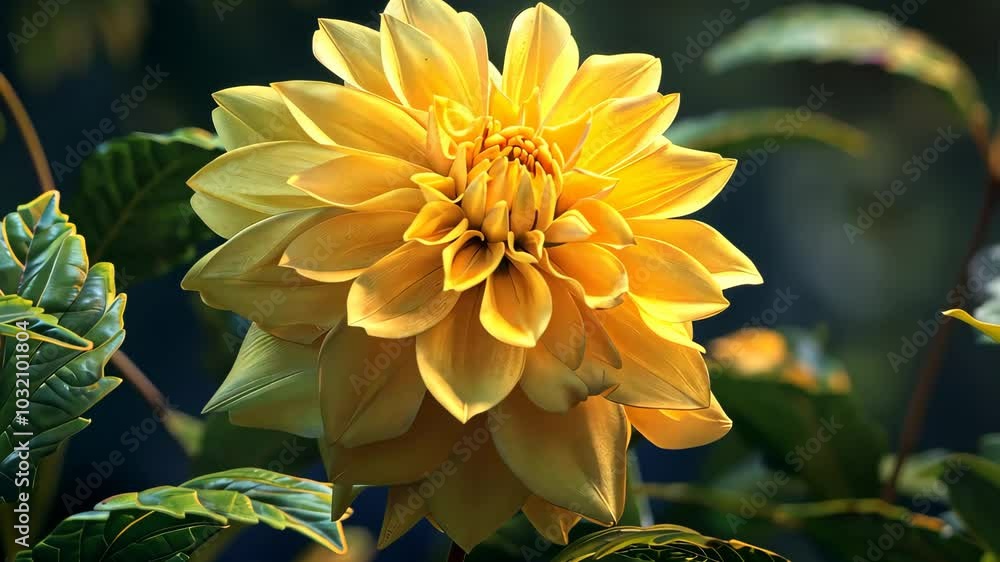 Yellow dahlia flower in sunlight surrounded by green leaves, nature beauty concept.