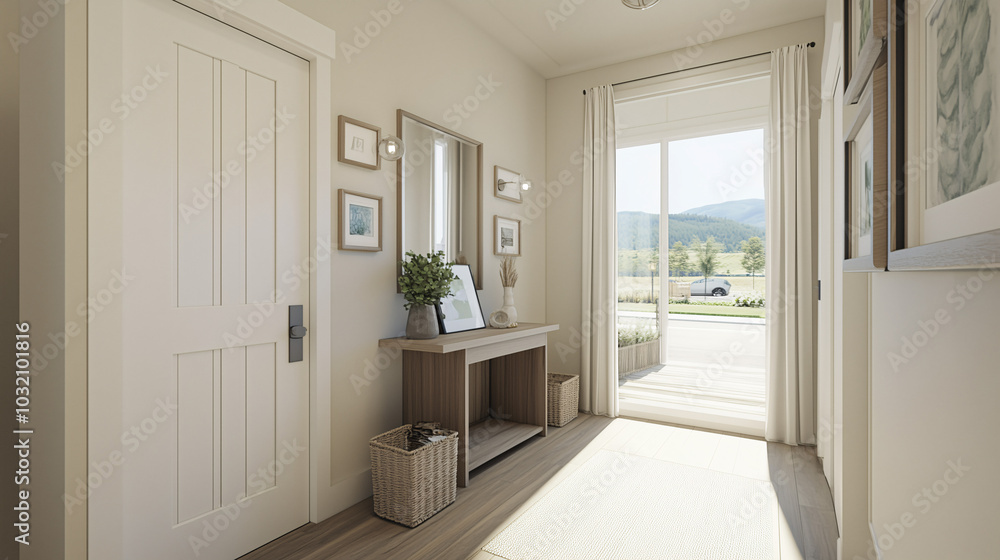 Entryway featuring a light wood console table, neutral colors, and minimalist decor Entryway featuring a light wood console table, neutral colors, and minimalist decor