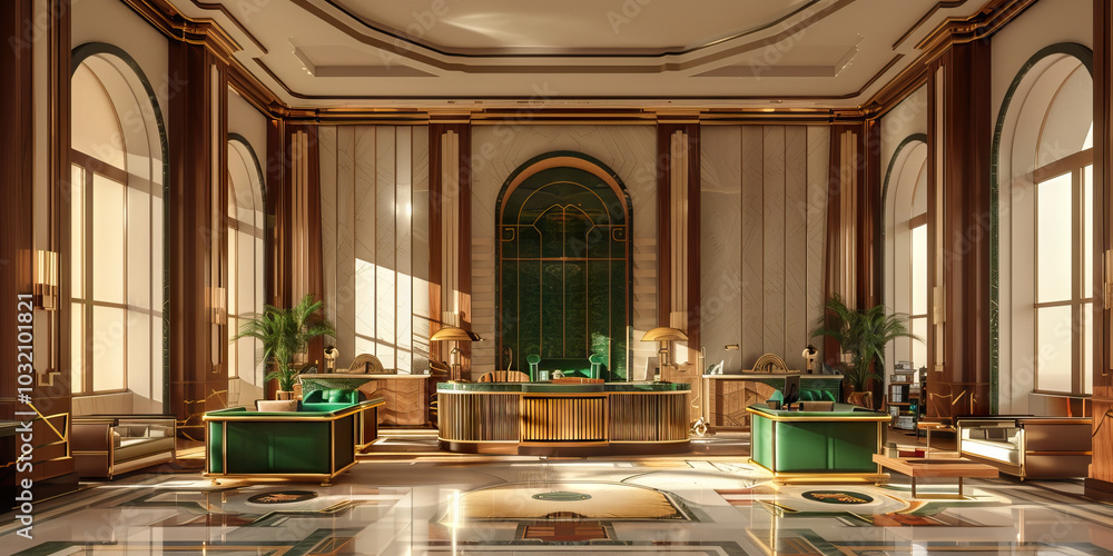 Fototapeta premium An art deco-influenced bank, incorporating bronze and gold details with hints of emerald green, evoking a luxurious ambiance.