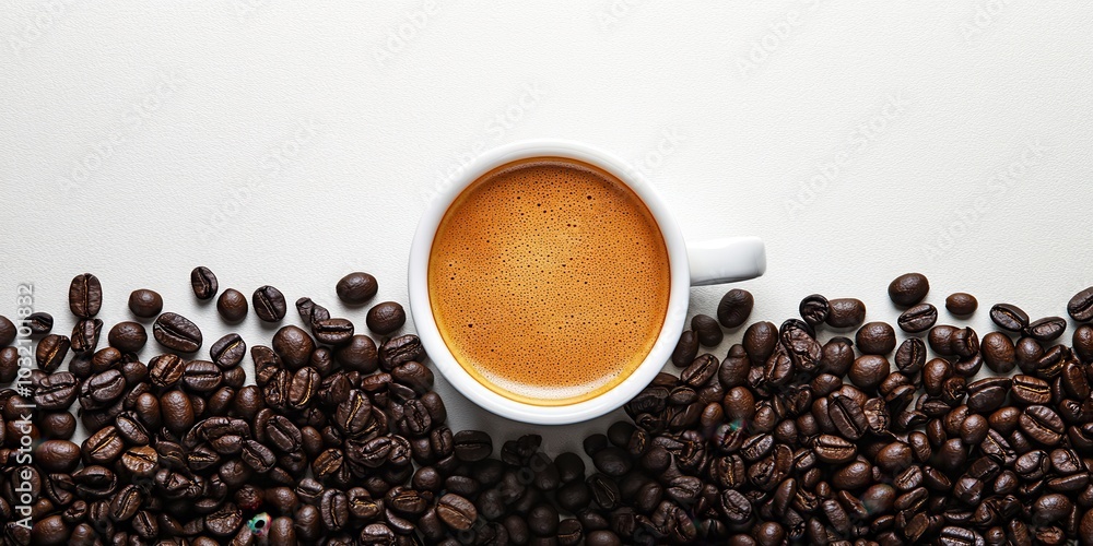 Fototapeta premium A cup of rich coffee surrounded by aromatic coffee beans, perfect for showcasing beverage culture and coffee lovers.