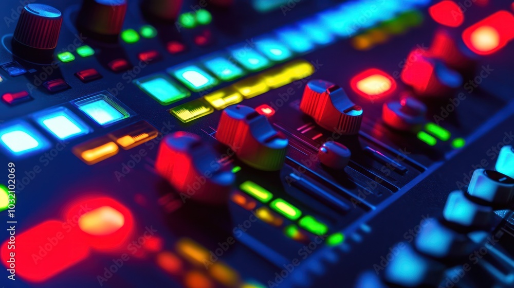 Close Up of Audio Mixer with Colorful Lights Close Up of Audio Mixer with Colorful Lights