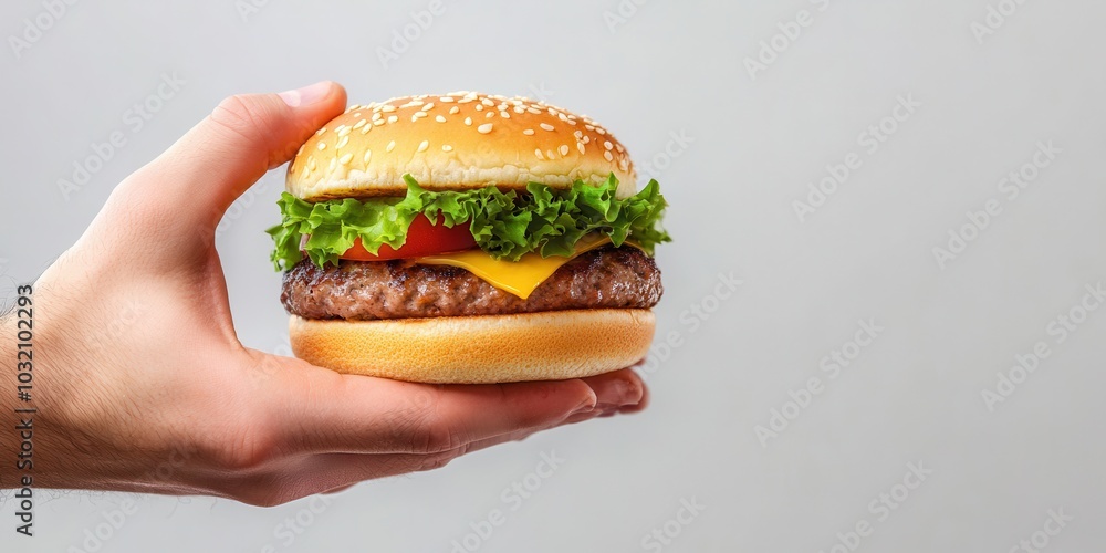 A delicious hand-held burger with fresh ingredients, perfect for food lovers and culinary enthusiasts. A delicious hand-held burger with fresh ingredients, perfect for food lovers and culinary enthusiasts.