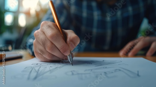 Person sketching on paper with pen, close-up view of creative process.