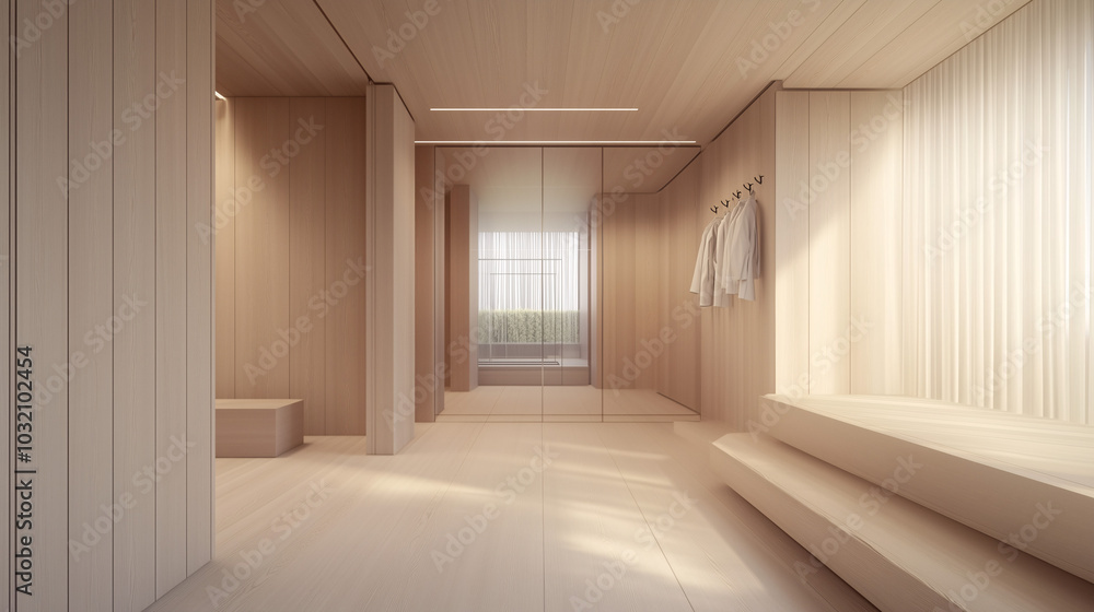 Entryway with a clean design, light wooden textures, and a single wall hook for coats Entryway with a clean design, light wooden textures, and a single wall hook for coats