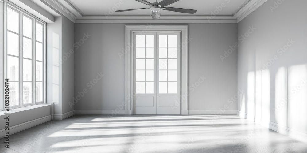 A room with a ceiling fan and a window, ideal for interior design and architecture projects A room with a ceiling fan and a window, ideal for interior design and architecture projects