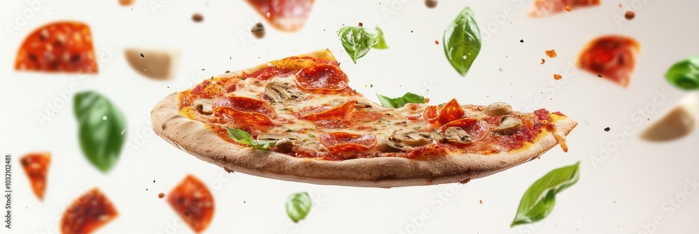 A delicious slice of pizza with fresh toppings flying in the air, showcasing vibrant colors and textures for food enthusiasts. A delicious slice of pizza with fresh toppings flying in the air, showcasing vibrant colors and textures for food enthusiasts.