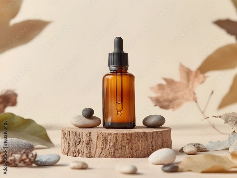A brown glass dropper bottle surrounded by smooth stones and autumn leaves on a wooden base. A brown glass dropper bottle surrounded by smooth stones and autumn leaves on a wooden base.