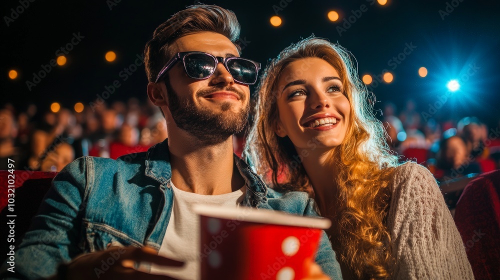 Young couple immersed in a nostalgic film night, delighting in the charm of vintage cinema under a starlit sky, surrounded by a vibrant outdoor atmosphere Young couple immersed in a nostalgic film night, delighting in the charm of vintage cinema under a starlit sky, surrounded by a vibrant outdoor atmosphere