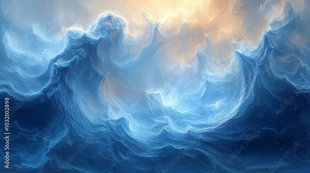 A dynamic depiction of swirling ocean waves beneath a luminous sky. A dynamic depiction of swirling ocean waves beneath a luminous sky.