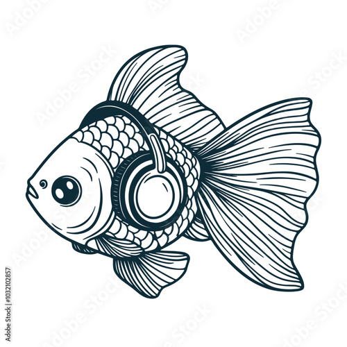fish wearing headphones, goldfish listening to music sketch