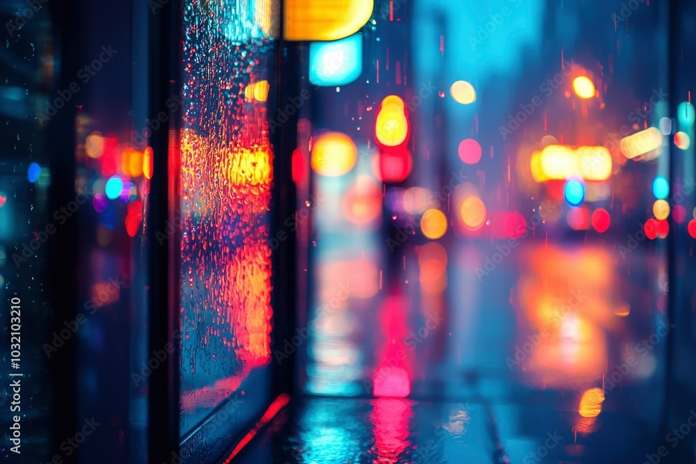 Blurred City Lights Reflected in Wet Glass Blurred City Lights Reflected in Wet Glass