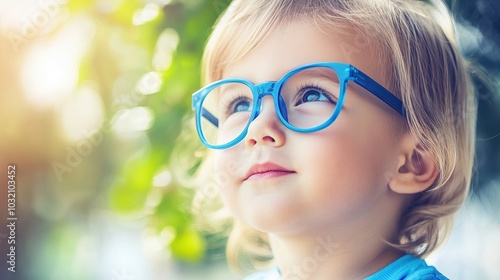 Young child wearing blue glasses focusing on distant tree outside window, symbolizing myopia prevention and importance of outdoor activities.