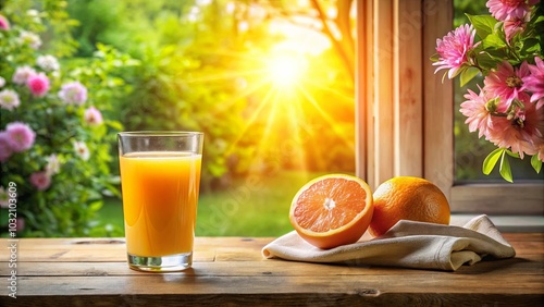 A glass of fresh orange juice on a wooden table, bathed in the warm glow of the setting sun, with a halved orange beside it and a delicate fabric napkin, creating a tranquil and inviting scene.