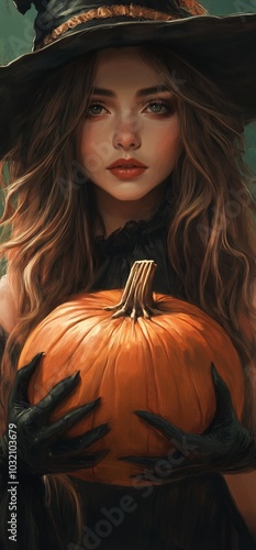 Witch Girl and Pumpkin Mysterious Halloween Portrait Theme image Neo Art HD Print v3 photo