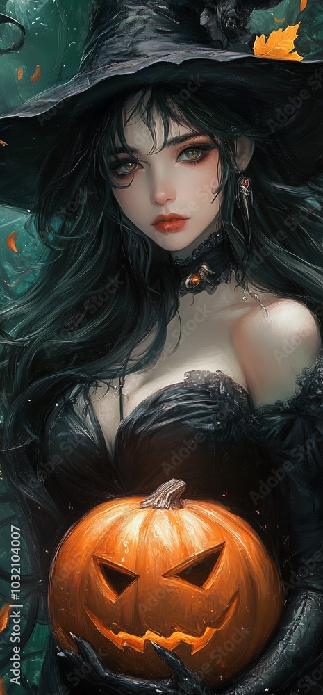 Witch Girl and Pumpkin Mysterious Halloween Portrait Theme image Neo Art HD Print v3 Witch Girl and Pumpkin Mysterious Halloween Portrait Theme image Neo Art HD Print v3