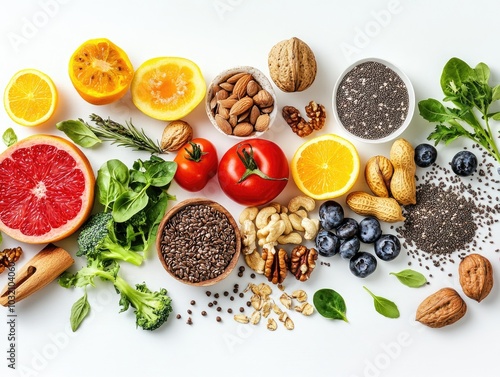 Healthy fruits nuts vegetables, colorful fresh wholesome food, vitamin rich ingredients